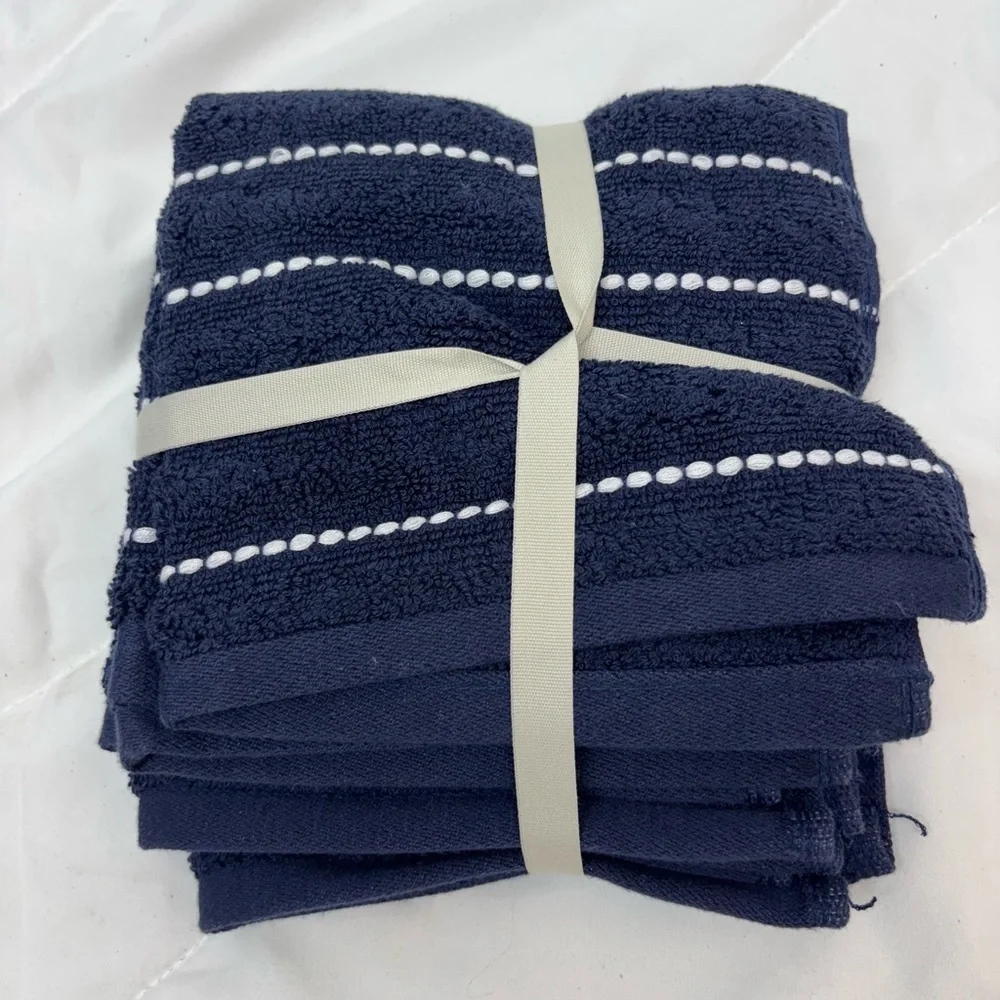 4pc Performance Plus Washcloths Navy Striped Threshold Cotton Polyester Blend